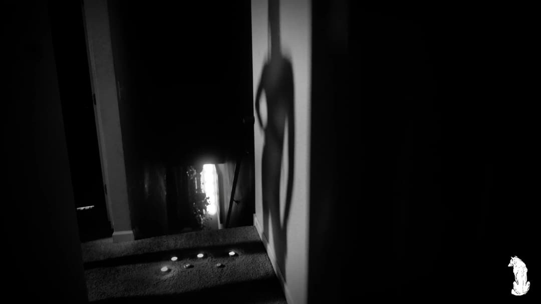 Alpha The Wolf's shadow cast dramatically across a white interior wall as he stands out of frame, a circle of candles glowing on the dark staircase landing below, shot in black and white for a ghost-like, atmospheric effect