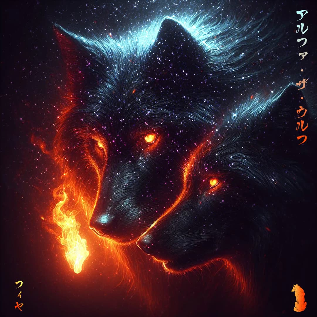 Alpha The Wolf illustrated as a cosmic black wolf with glowing orange ember eyes, flames erupting from its snout, fur rimmed with blue starlight — Fiya single cover