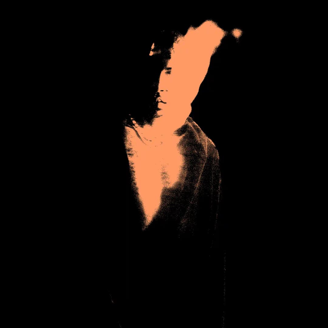 Alpha The Wolf rendered as a high-contrast duotone silhouette in peach-orange against solid black, face and shoulders partially visible as the figure fades into darkness