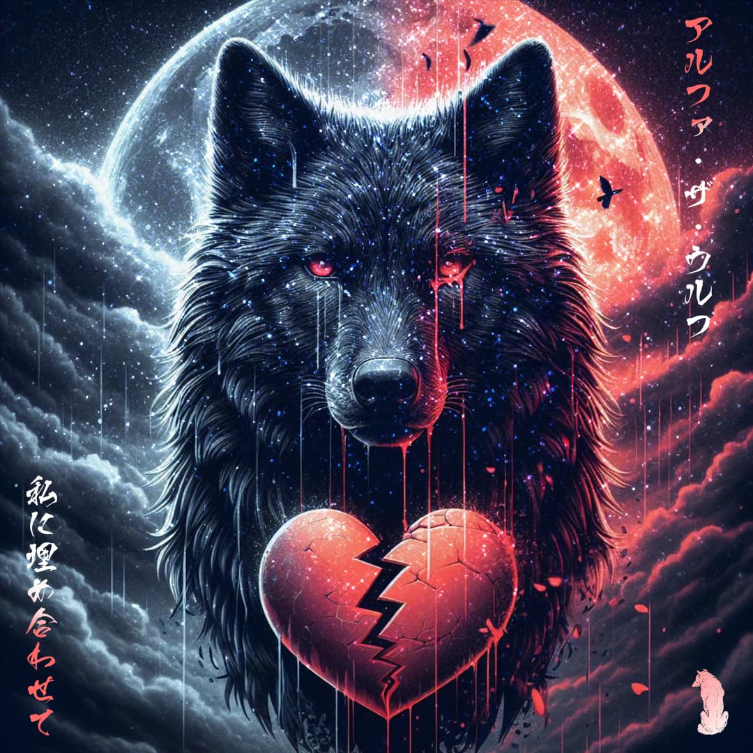 Alpha The Wolf illustrated as a black wolf holding a cracked red heart in its paws, set against a stormy red and blue moonlit sky — Make It Up To Me single cover