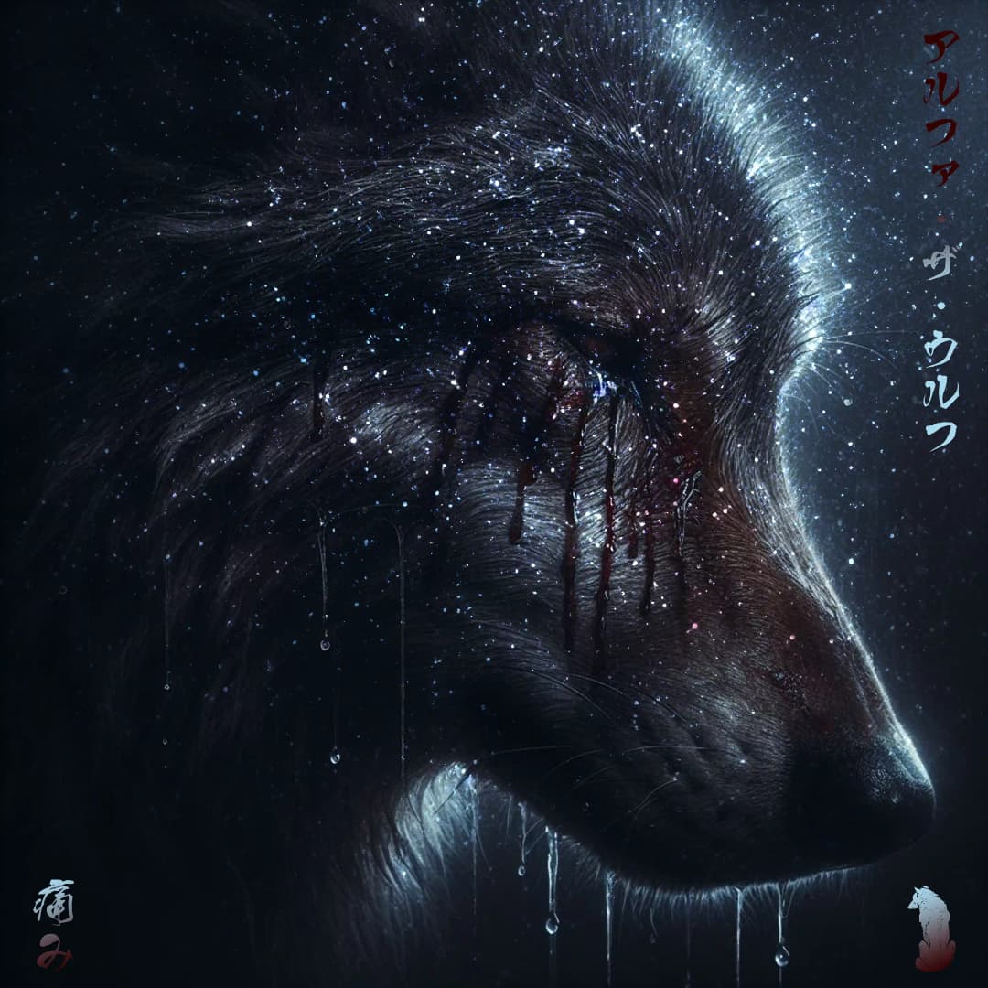 Alpha The Wolf illustrated as a dark wolf's head close-up, fur dusted with stars and glowing with blue cosmic light, blood-red tears streaking down the face — Pain single cover