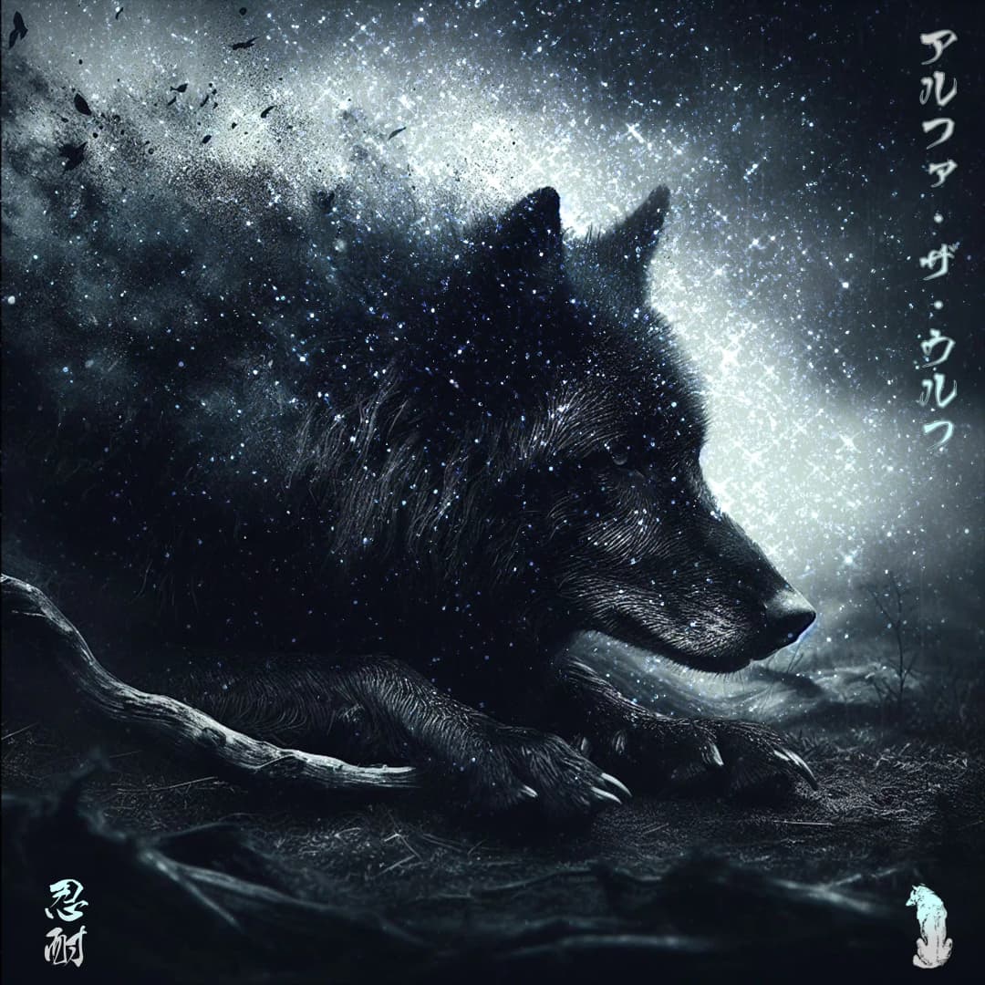 Alpha The Wolf illustrated as a large black wolf lying low in a cosmic landscape, fur dissolving into scattered stars, glancing sideways — Patience single cover