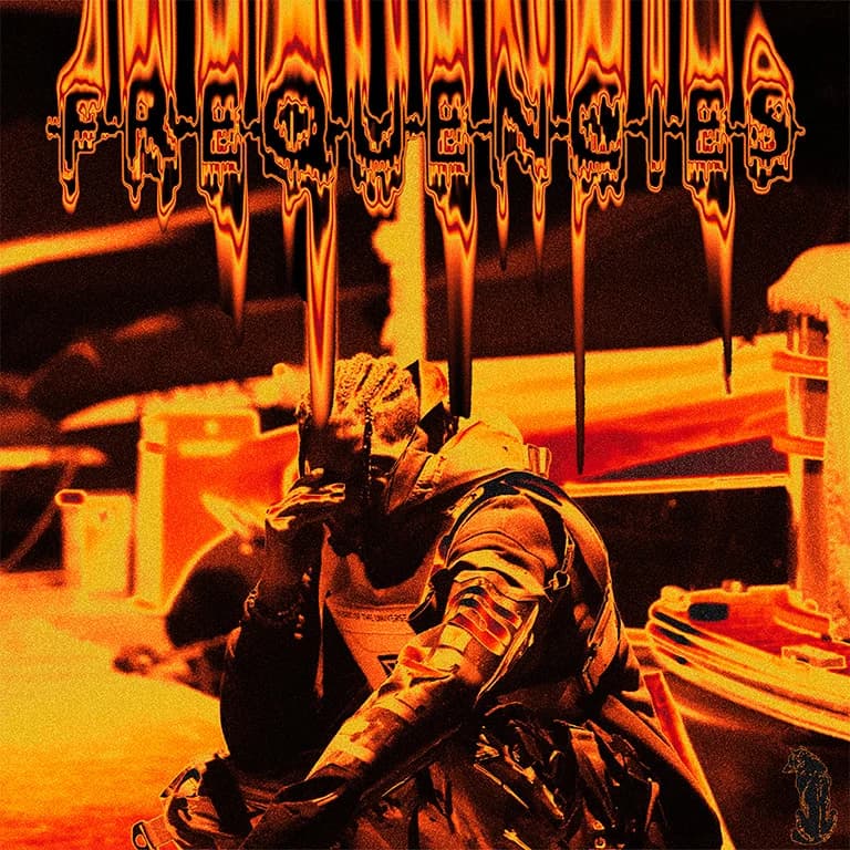 Alpha The Wolf crouched in tactical armor at a dark industrial dock, rendered in a deep orange and red heat-map treatment — Frequencies official cover