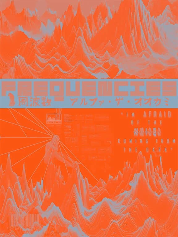 Alpha The Wolf Frequencies alternate poster in a flat orange-on-white colorway, featuring the waveform mountain landscape and text layout in a lighter high-contrast graphic print style