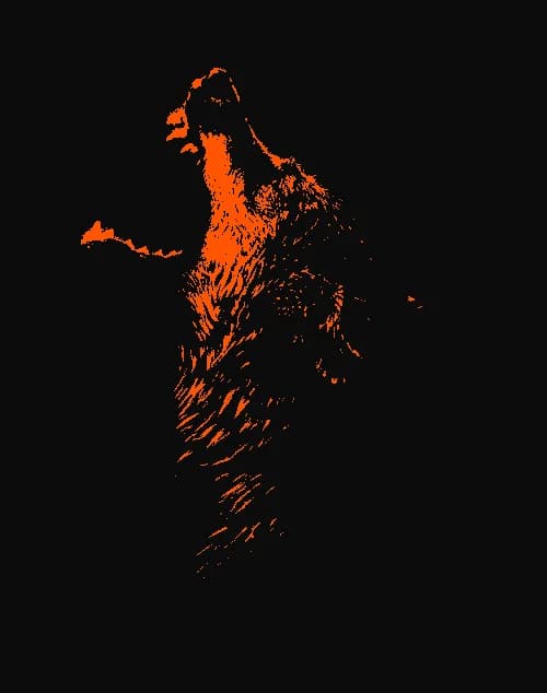 Alpha The Wolf brand icon — a howling wolf rendered as a high-contrast orange duotone illustration against a black background, head raised mid-howl