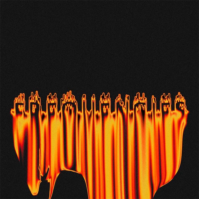 Alpha The Wolf 'Frequencies' logotype variant — same dripping gothic wordmark with a silhouetted figure barely visible at the base, engulfed in warm orange flame tones