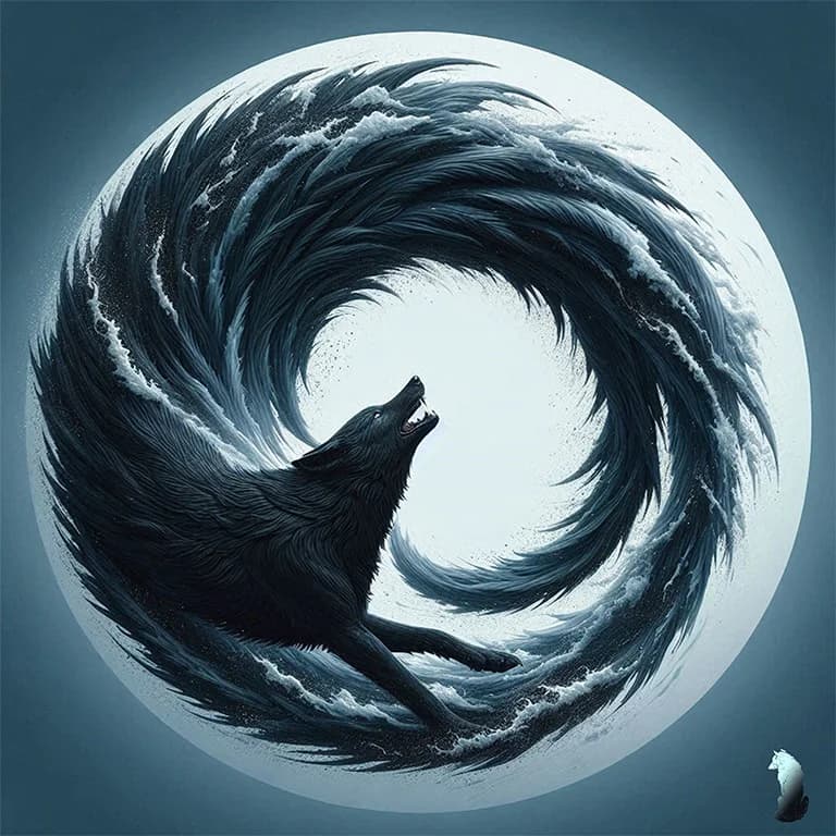 Alpha The Wolf as a dark feathered wolf silhouette howling at a swirling vortex of black feathers against a full moon — clean base artwork, no text