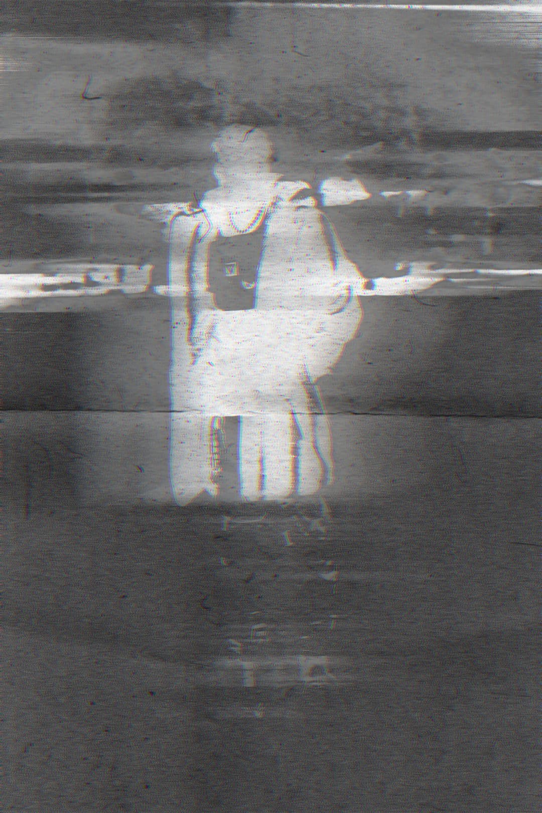 Alpha The Wolf standing with back to camera in a mid-gray field, the figure appearing as a bright white silhouette surrounded by dark scan-line banding