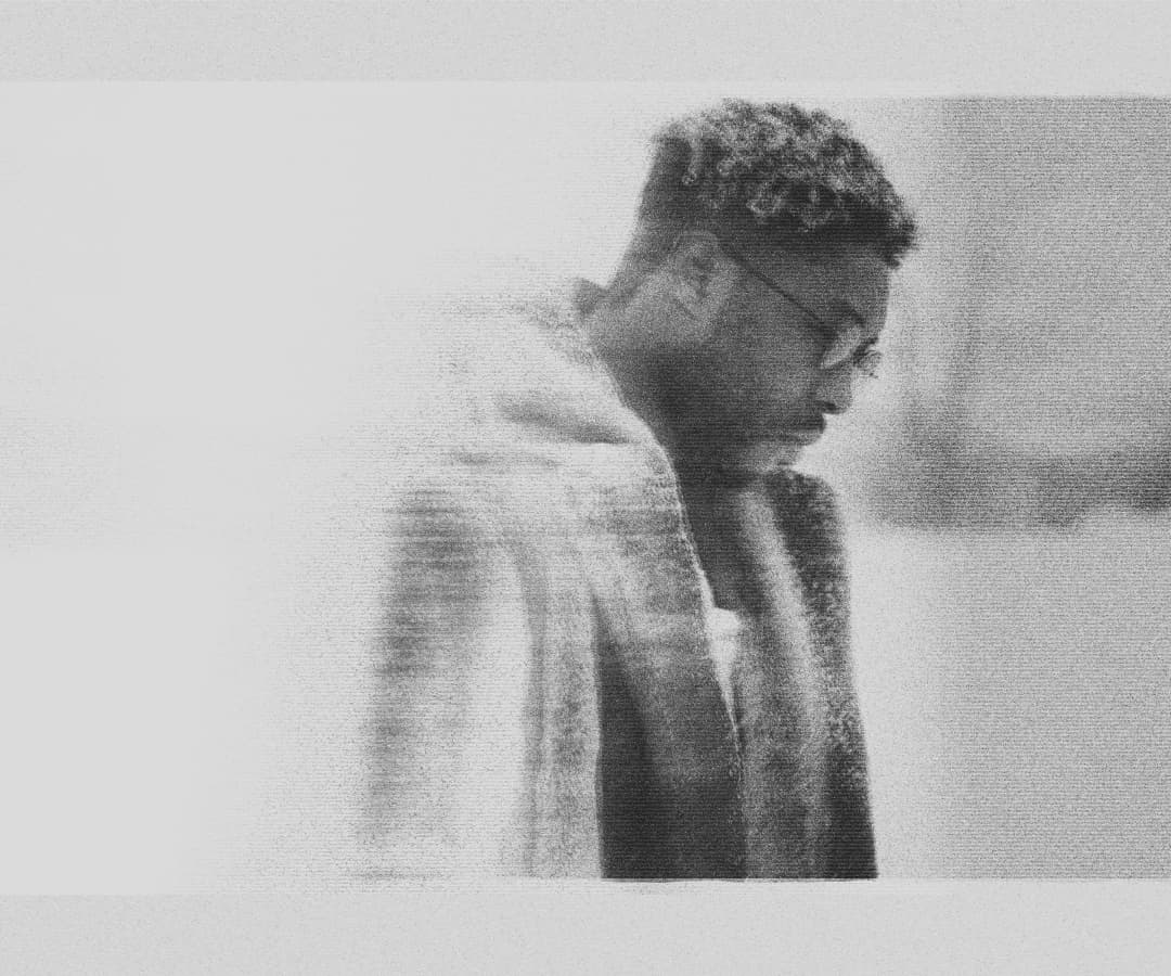 Alpha The Wolf in side profile, head bowed, wearing glasses, rendered in a grainy halftone texture with soft ghosting trails on a pale background