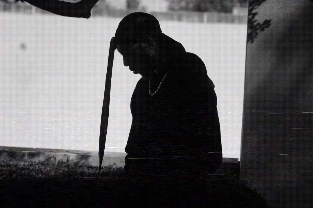 Alpha The Wolf in silhouette, head bowed sideways, braids hanging, outdoor near water with a bright overexposed sky — datamoshed horizontal scan-line glitch