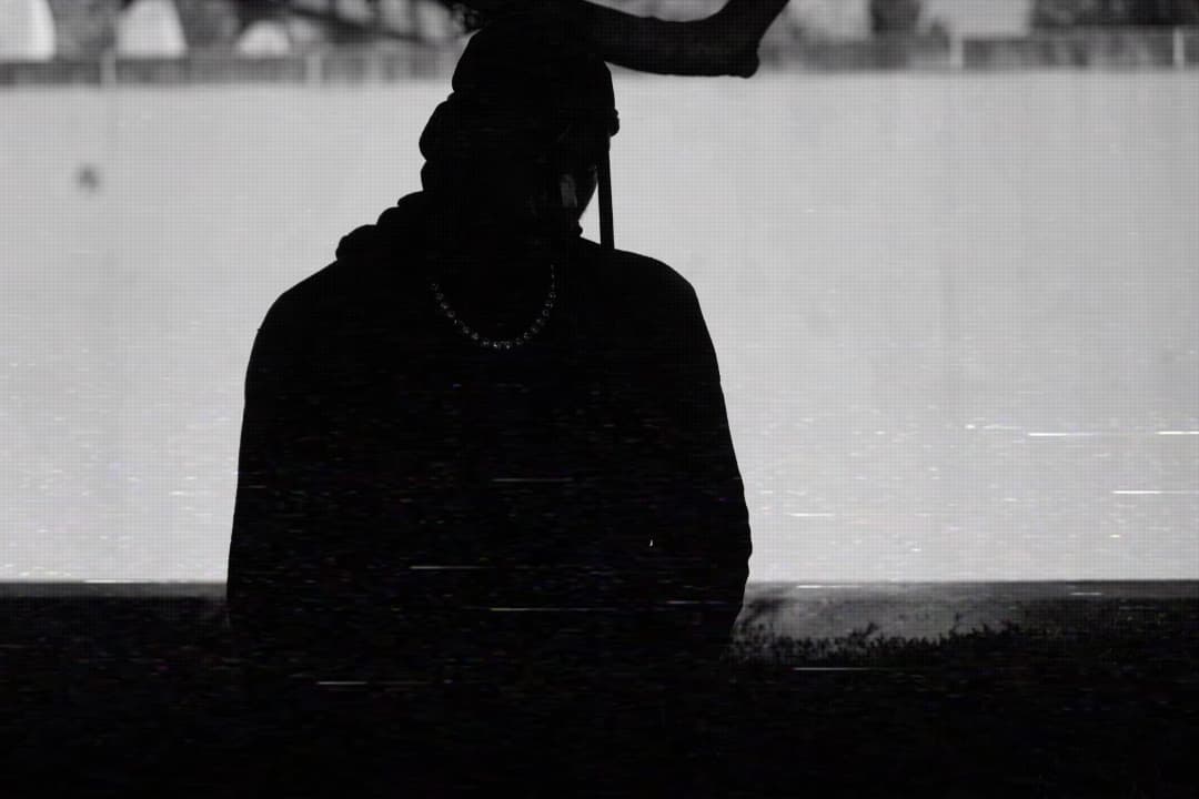 Alpha The Wolf dark silhouette turned away from the camera, chain necklace visible at the nape — datamoshed horizontal scan-line glitch