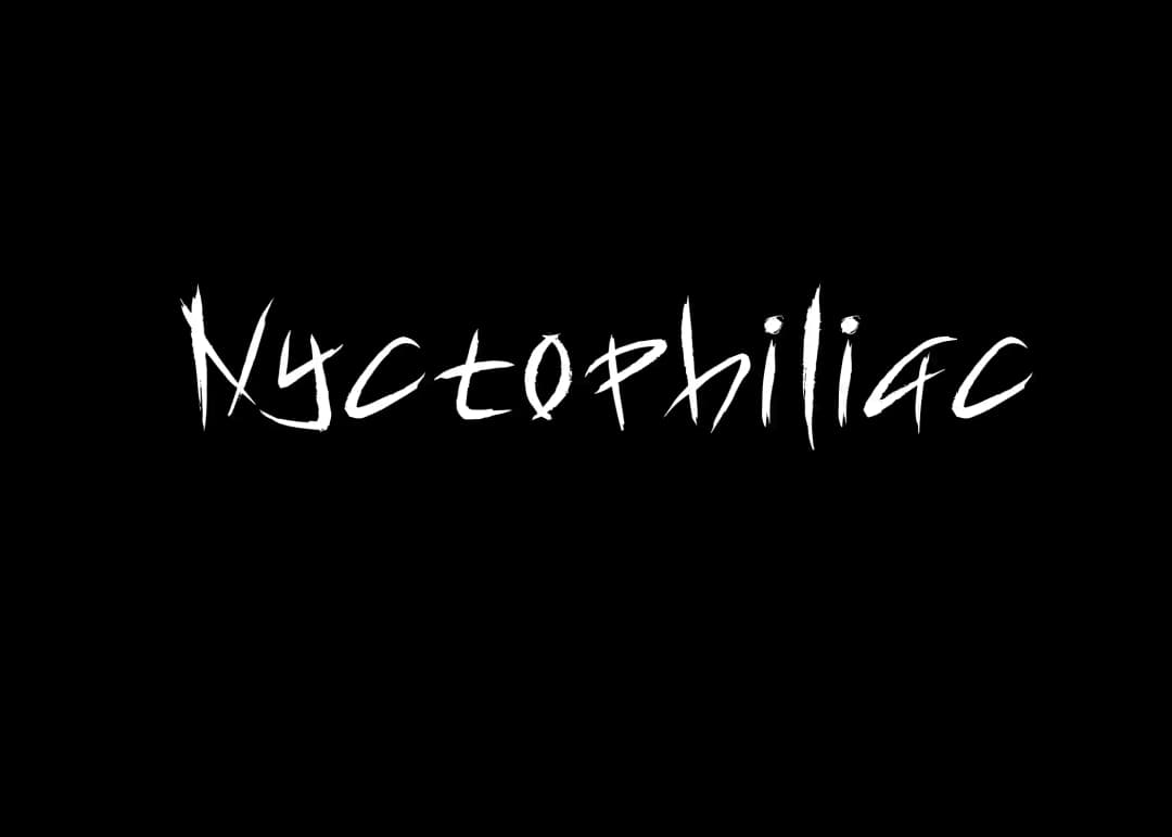 Alpha The Wolf 'Nyctophiliac' wordmark in jagged hand-brushed script, rendered in white text on a solid black background — the inverted wordmark asset