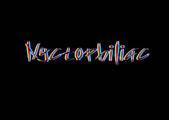 Alpha The Wolf 'Nyctophiliac' wordmark in hand-brushed script with a subtle RGB chromatic aberration glitch effect on a transparent background