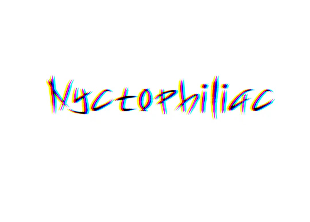 Alpha The Wolf 'Nyctophiliac' wordmark in full-intensity CMYK-split chromatic glitch treatment — the letters fragment into red, blue, yellow, and black offsets on a white background