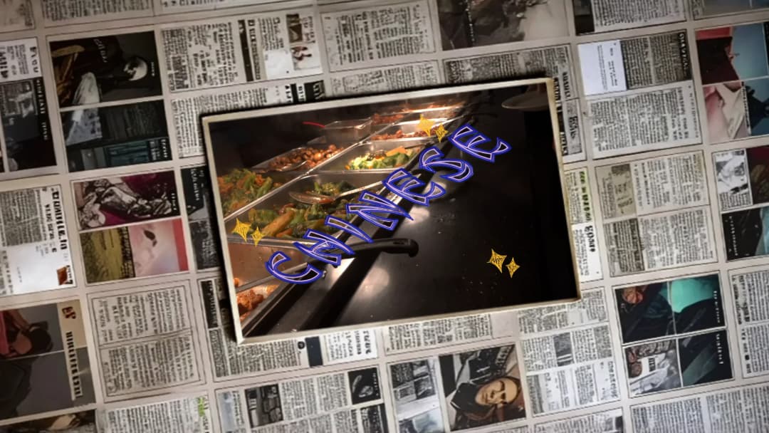 A Polaroid-style photograph of the buffet steam table set against a collage of newspaper clippings, the word 'CHINESE' written across the image in the same blue graffiti lettering with gold sparkle details