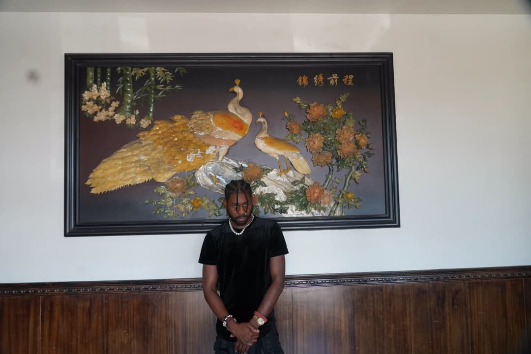 Alpha The Wolf centred under the framed peacock panel against a white wall and dark wood wainscoting, pearl chain at his throat and a watch on his wrist