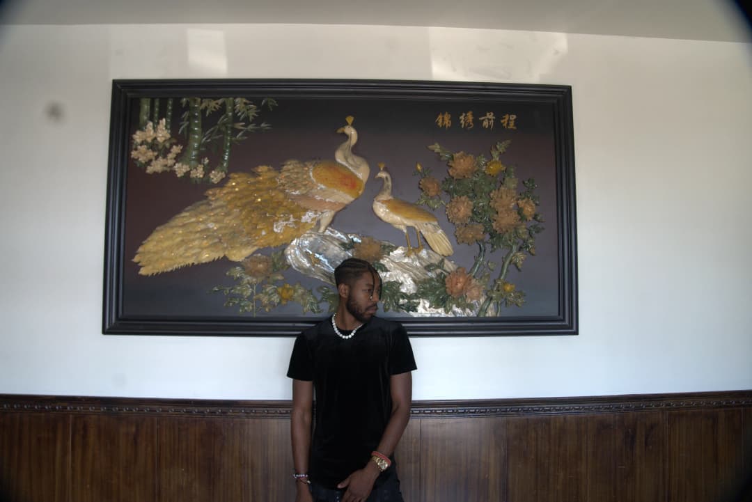 Alpha The Wolf standing to one side of the peacock artwork looking off-camera, the ornate gilt birds and blossom worked in relief across the panel behind him