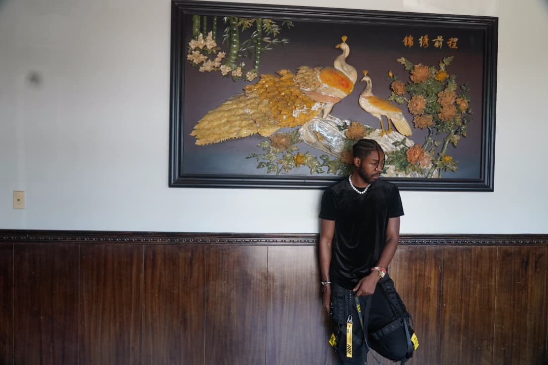 Alpha The Wolf standing to the right of the peacock artwork with a bag slung at his side, the panel and a plain white wall filling the left of the frame