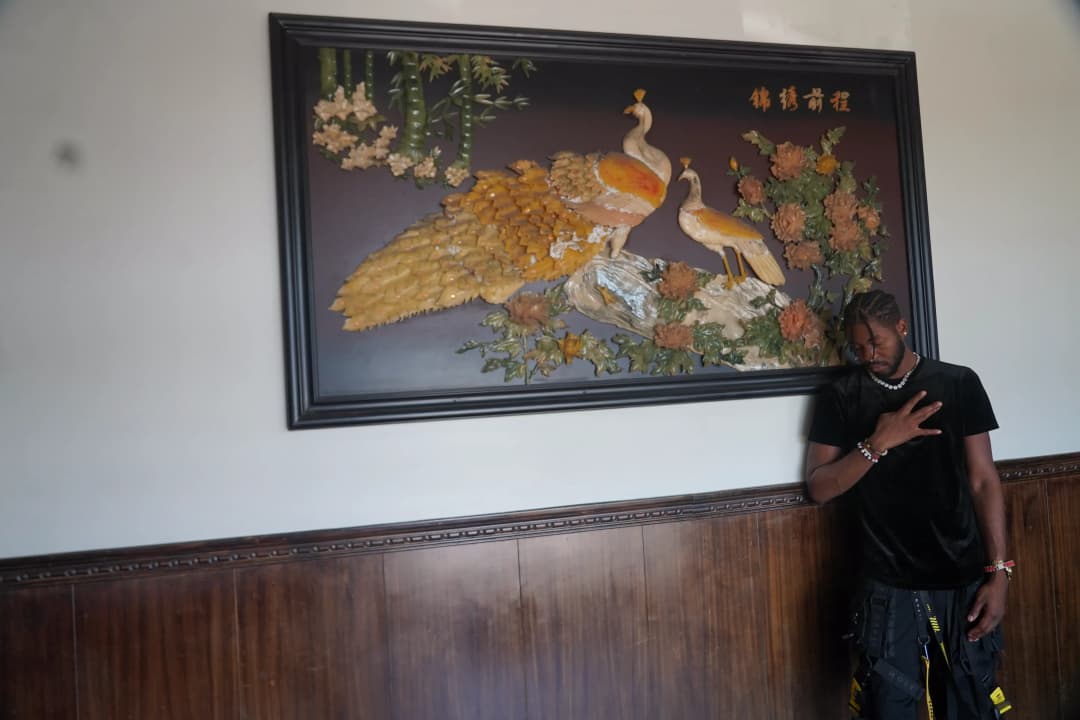 Alpha The Wolf leaning against the wall below the peacock artwork with a hand raised to his chest, the gilt panel angled above him