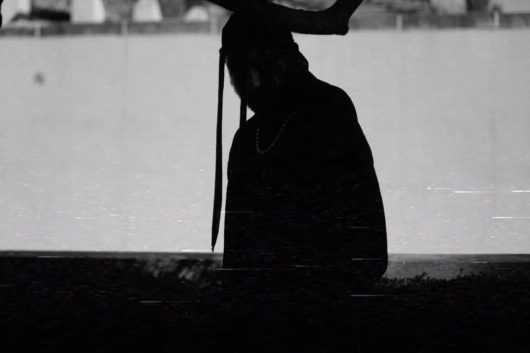 Alpha The Wolf silhouette, wider crop, head angled down with braids, bright overexposed background — datamoshed glitch artifacts