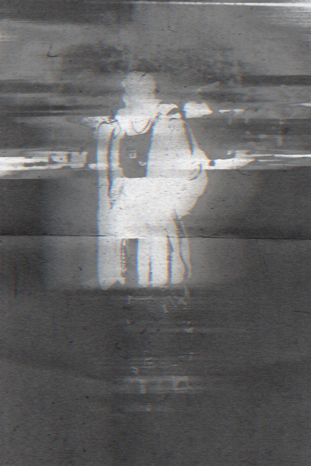 Alpha The Wolf standing with back to camera in a mid-gray field, the figure appearing as a bright white silhouette surrounded by dark scan-line banding