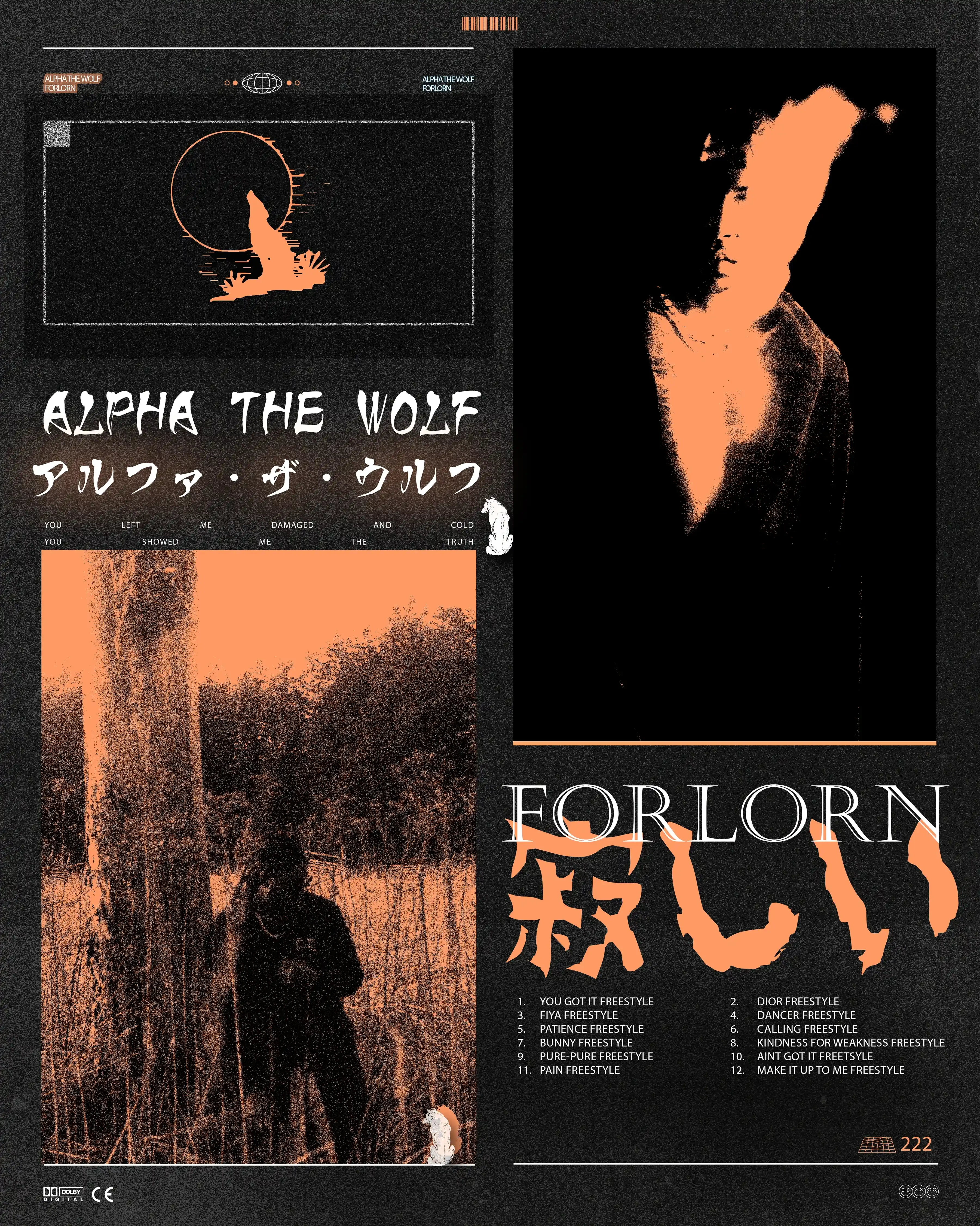 Alpha The Wolf collage-style promotional poster combining the howling wolf logo, an orange-duotone outdoor shot, a high-contrast portrait, the Forlorn wordmark, and the full tracklist in a grid layout