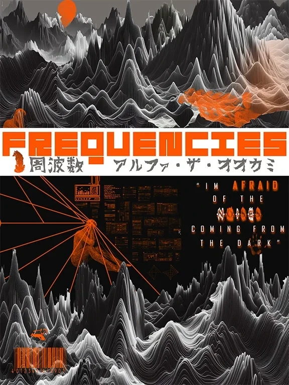 Alpha The Wolf Frequencies album poster in dark tones with Japanese kanji and waveform mountain terrain, with the lyric 'I'm afraid of the noise coming from the dark'