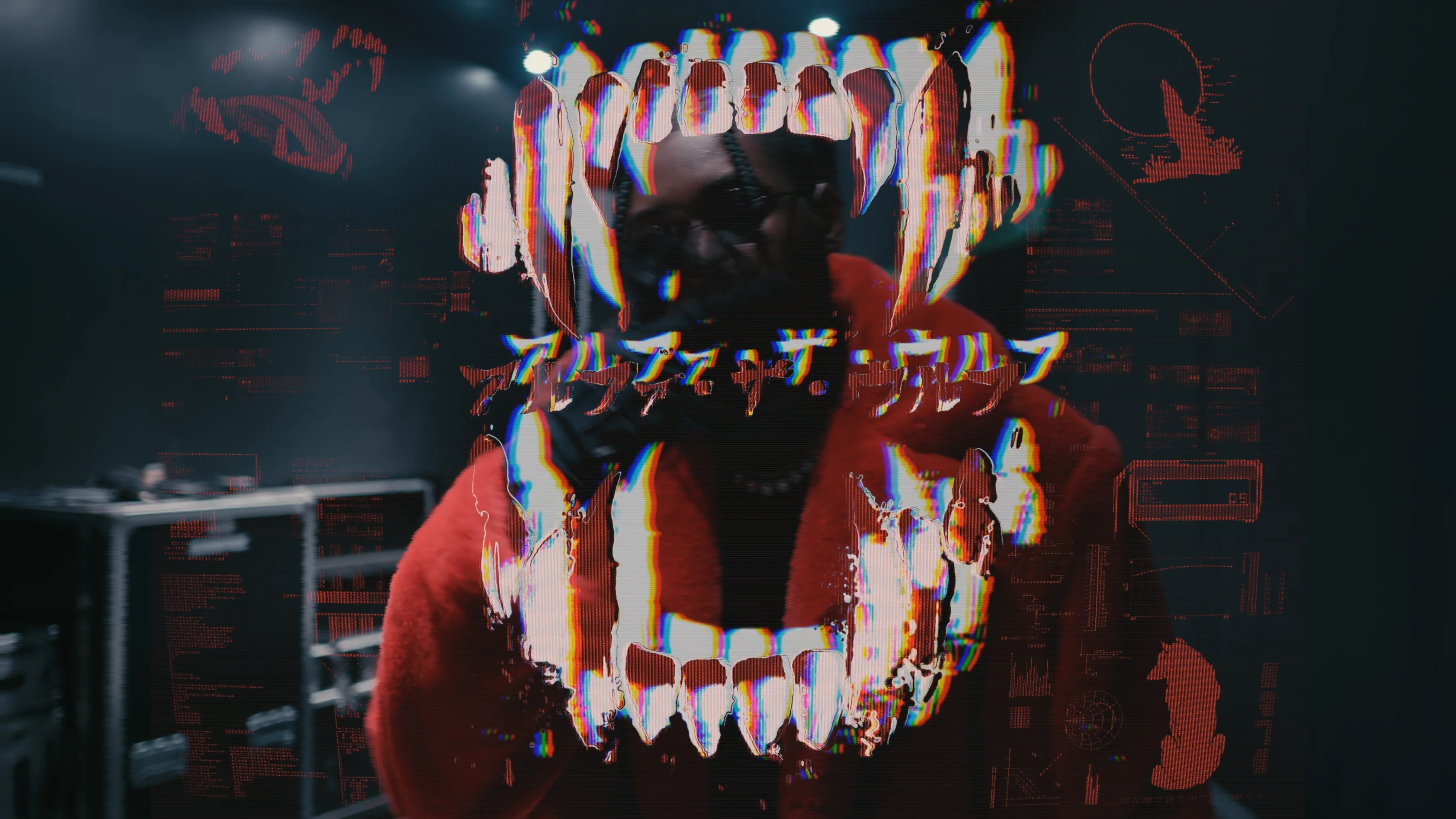 Alpha The Wolf's face behind a huge chromatic-aberration wolf jaw baring dripping glitched fangs, red HUD graphics and katakana reading アルファ・ザ・オオカミ layered across the dark backstage
