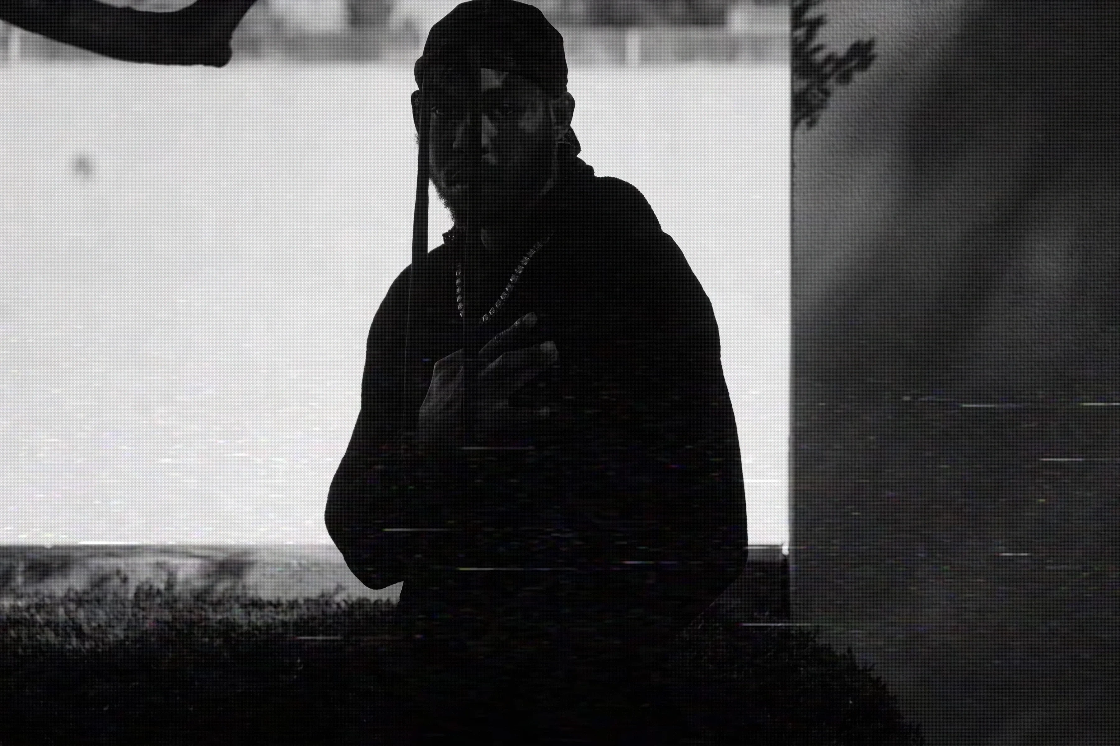 A figure in silhouette facing the camera, arms crossed with a hand on the chest, chain necklace catching the light, breaking up into datamoshed scan lines against a bright sky