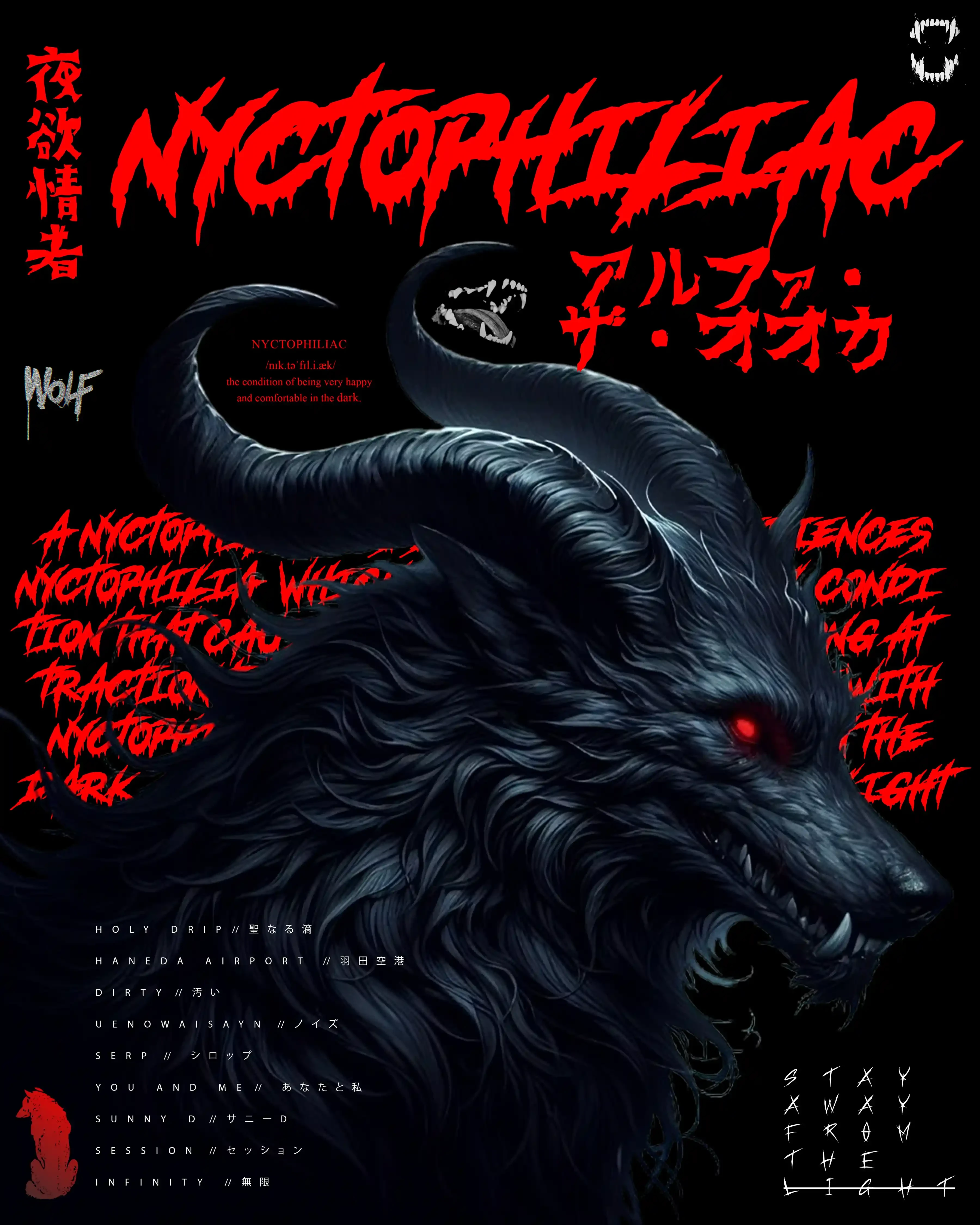 Alpha The Wolf's Nyctophiliac promotional poster featuring a dark digital illustration of a horned wolf creature with a glowing red eye, full tracklist, and the tagline 'Stay Away From The Light'