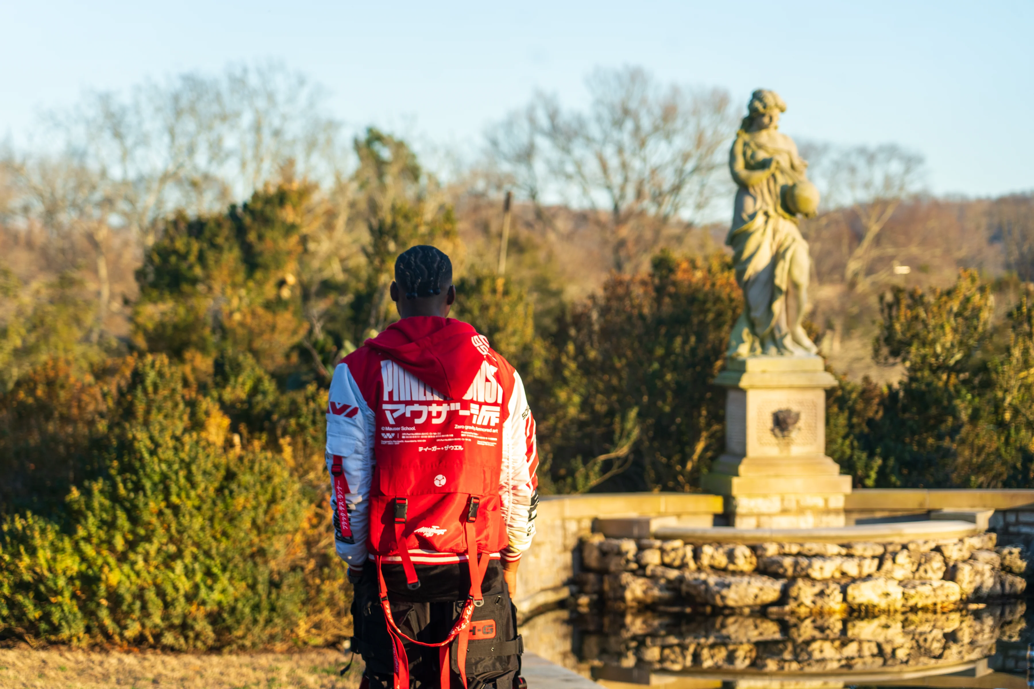 Alpha The Wolf shot from behind at the edge of a long garden reflecting pool, facing a classical statue on a pedestal surrounded by green hedges and bare trees under a clear blue sky.