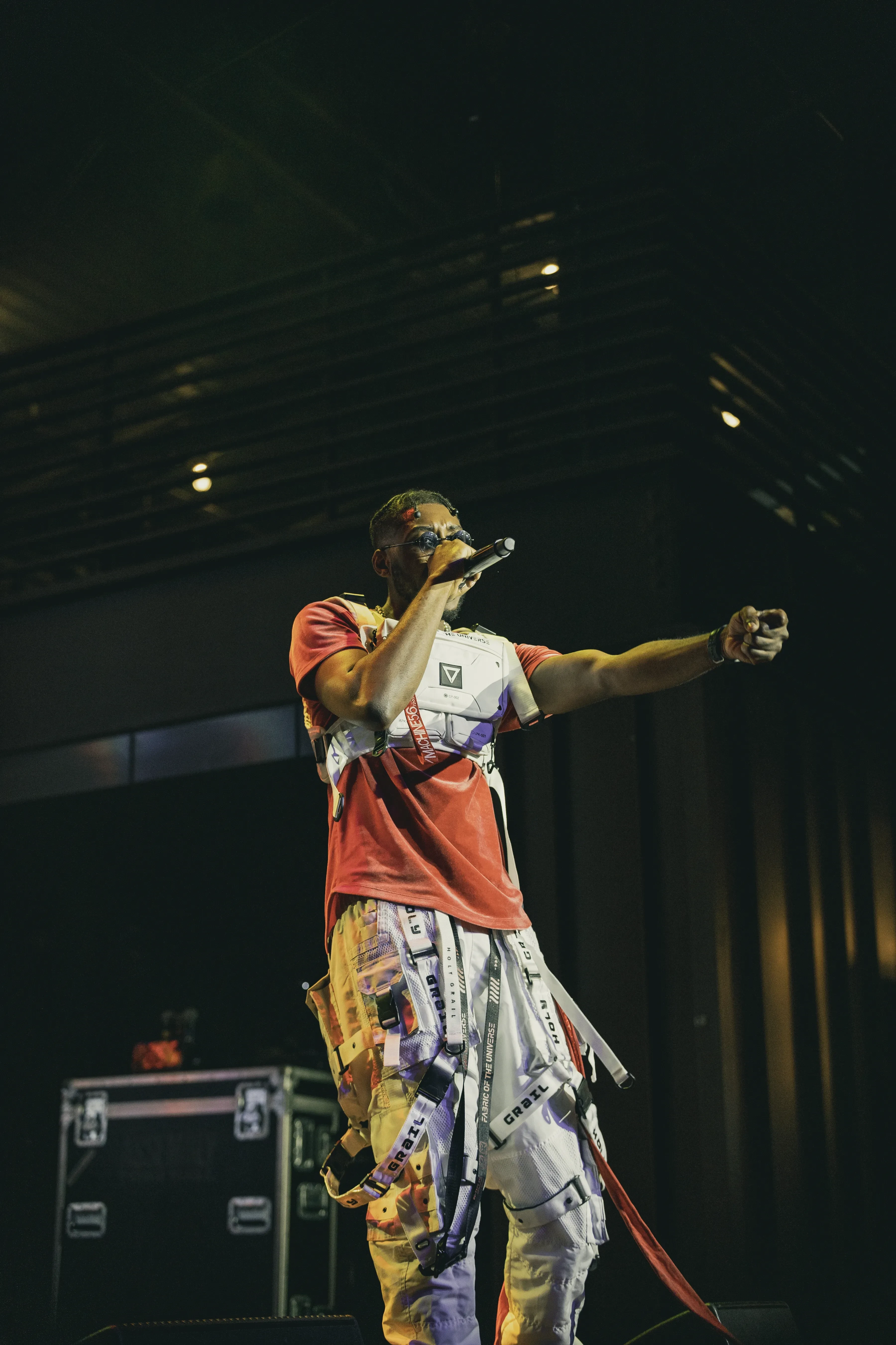 Alpha The Wolf standing tall on stage with the microphone at his lips and his free arm thrown straight out toward the crowd, dark rigging overhead and road cases stacked at the back