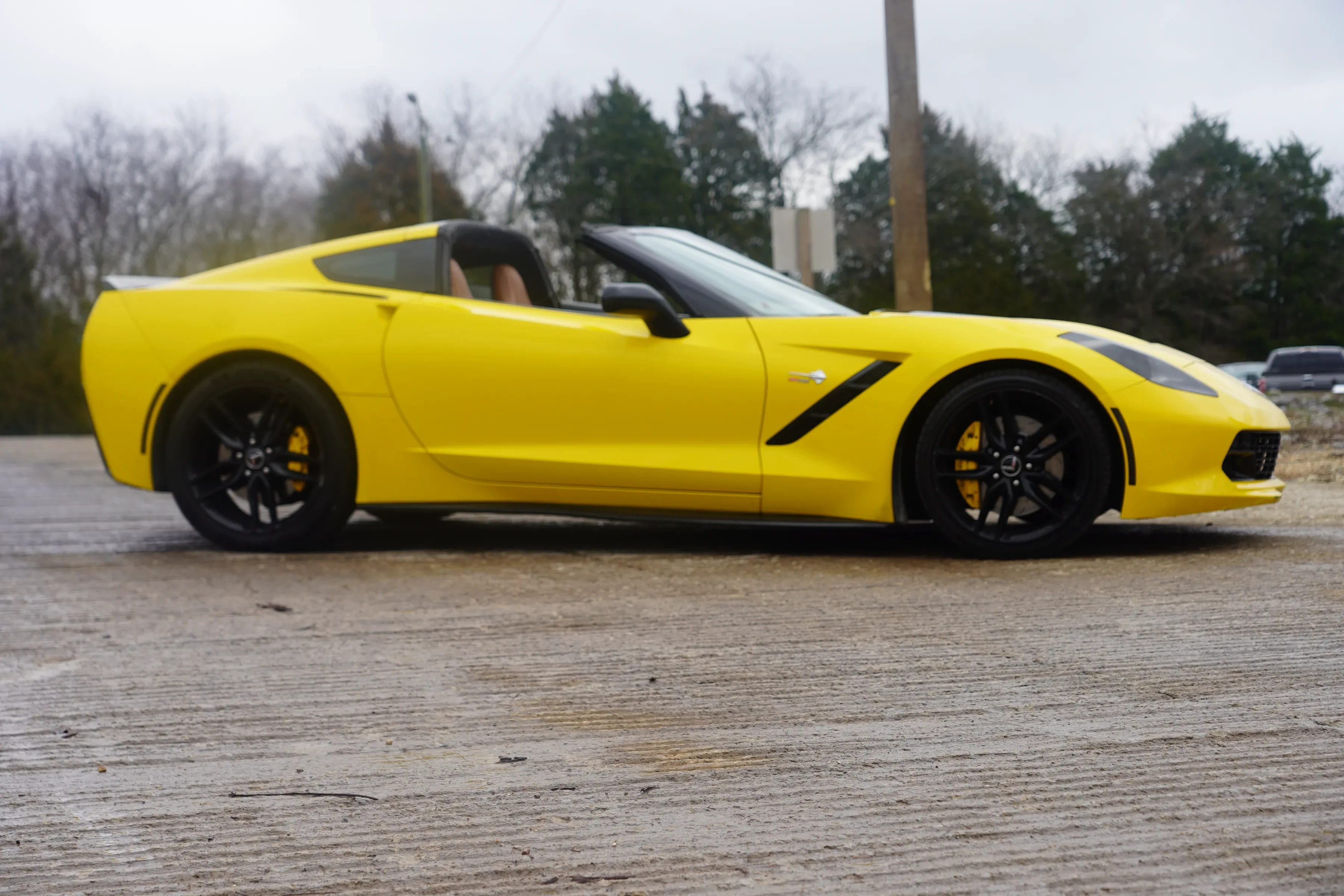 The yellow Corvette shot side-on with the cabin open to the sky, low and wide across the frame, a row of dark evergreens and a utility pole behind it under white cloud.