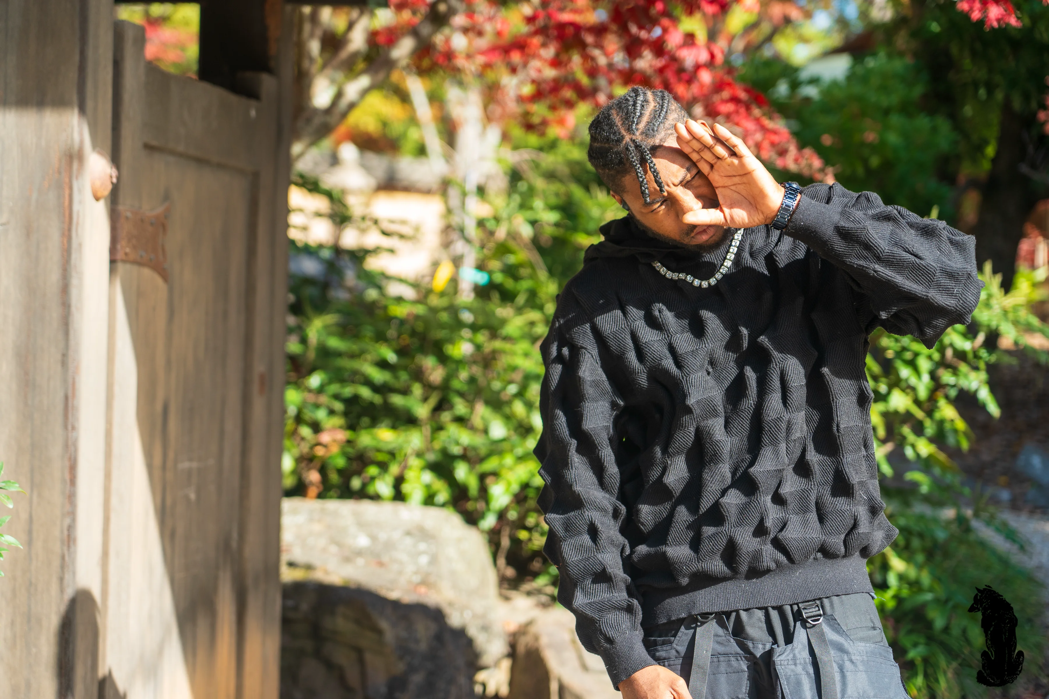 Alpha The Wolf in a tight portrait with head bowed and eyes closed, warm afternoon sun backlighting a blaze of red maple leaves behind him, black textured sweatshirt and beaded chain