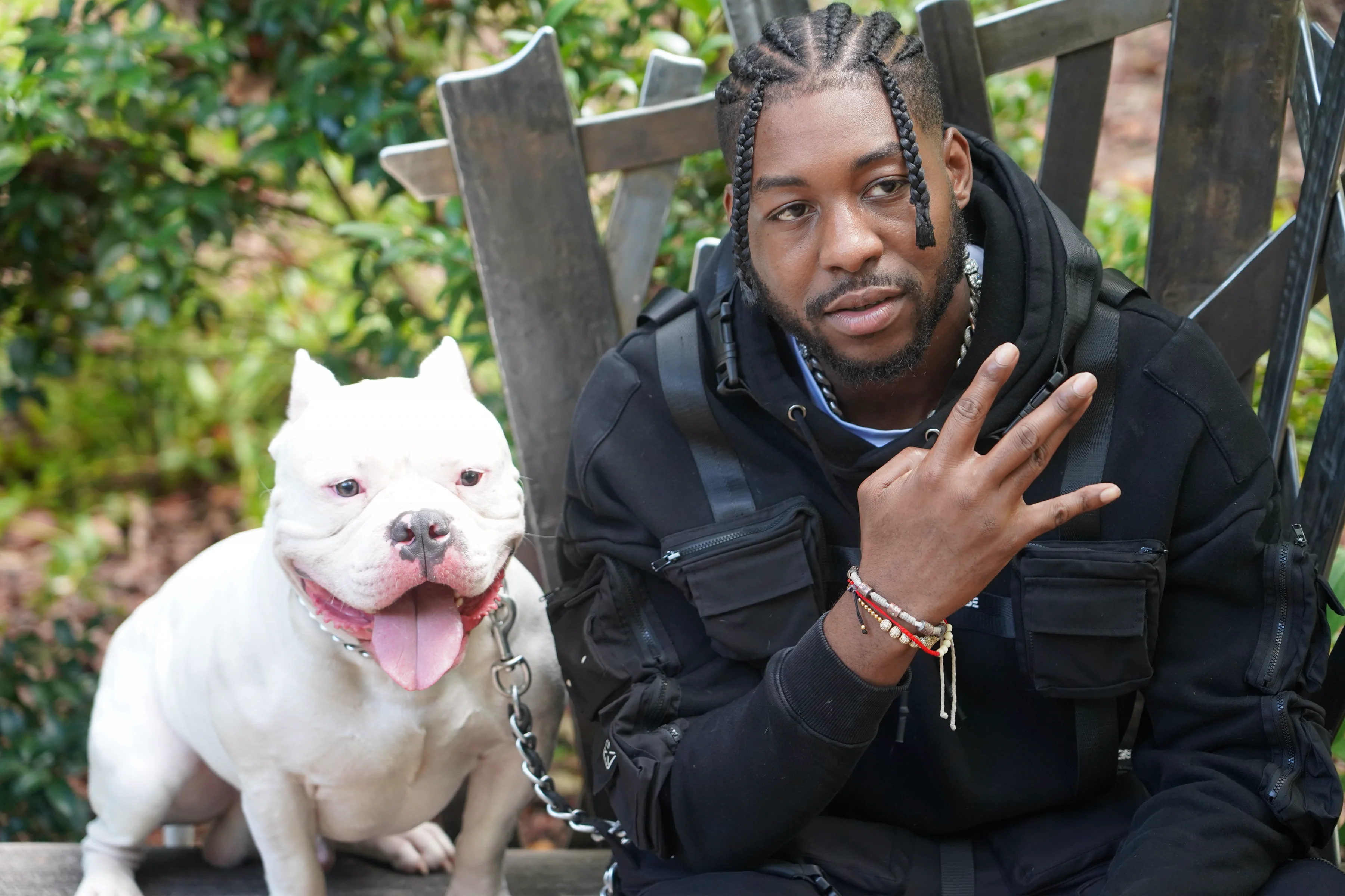 Alpha The Wolf seated on weathered wooden steps throwing a peace sign at the camera while his white American Bully sits at his side, both looking directly at the lens