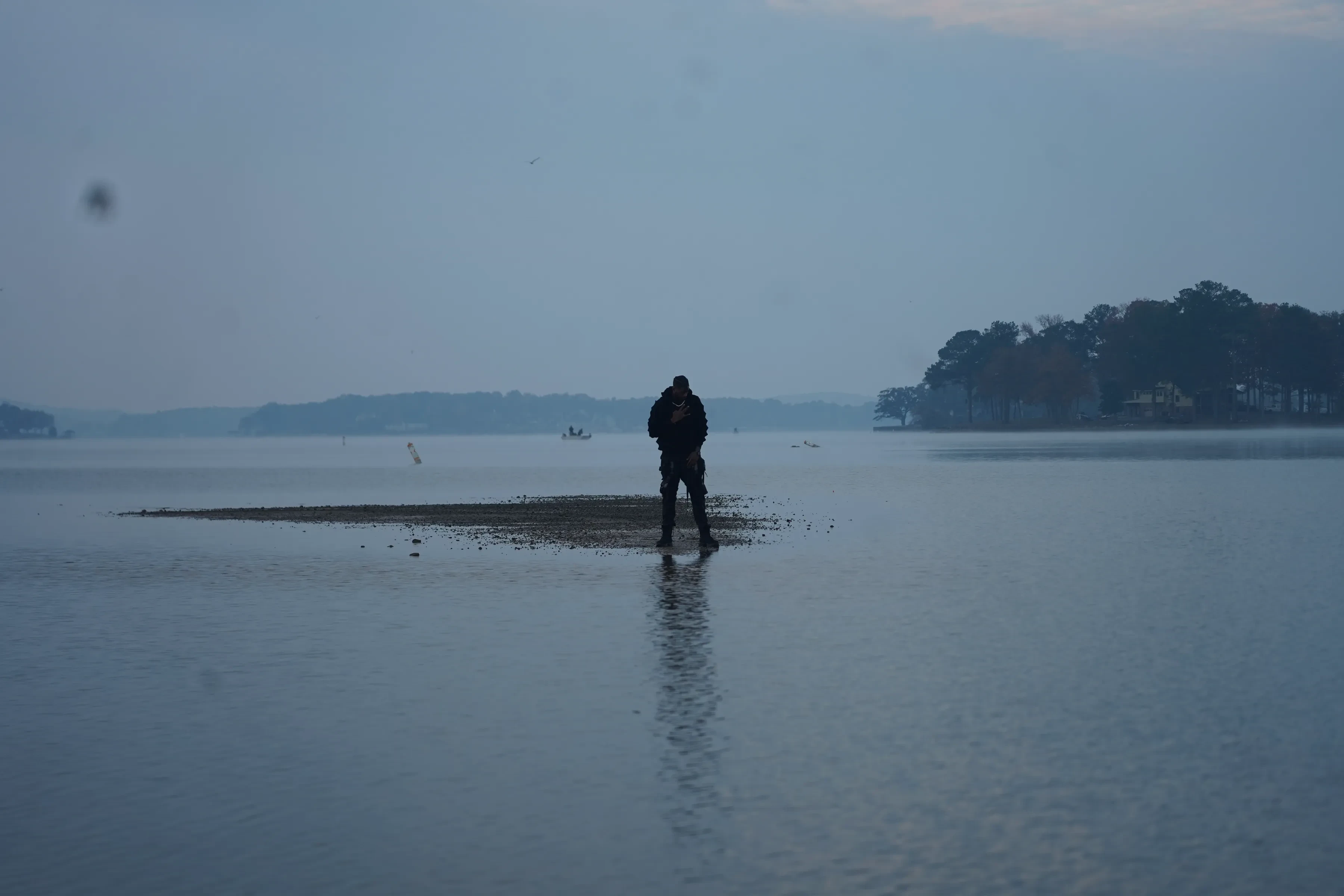 Alpha The Wolf on the sandbar in near silhouette, the strip of wet sand only a few feet wider than his stance, mist over the far treeline and the water perfectly flat