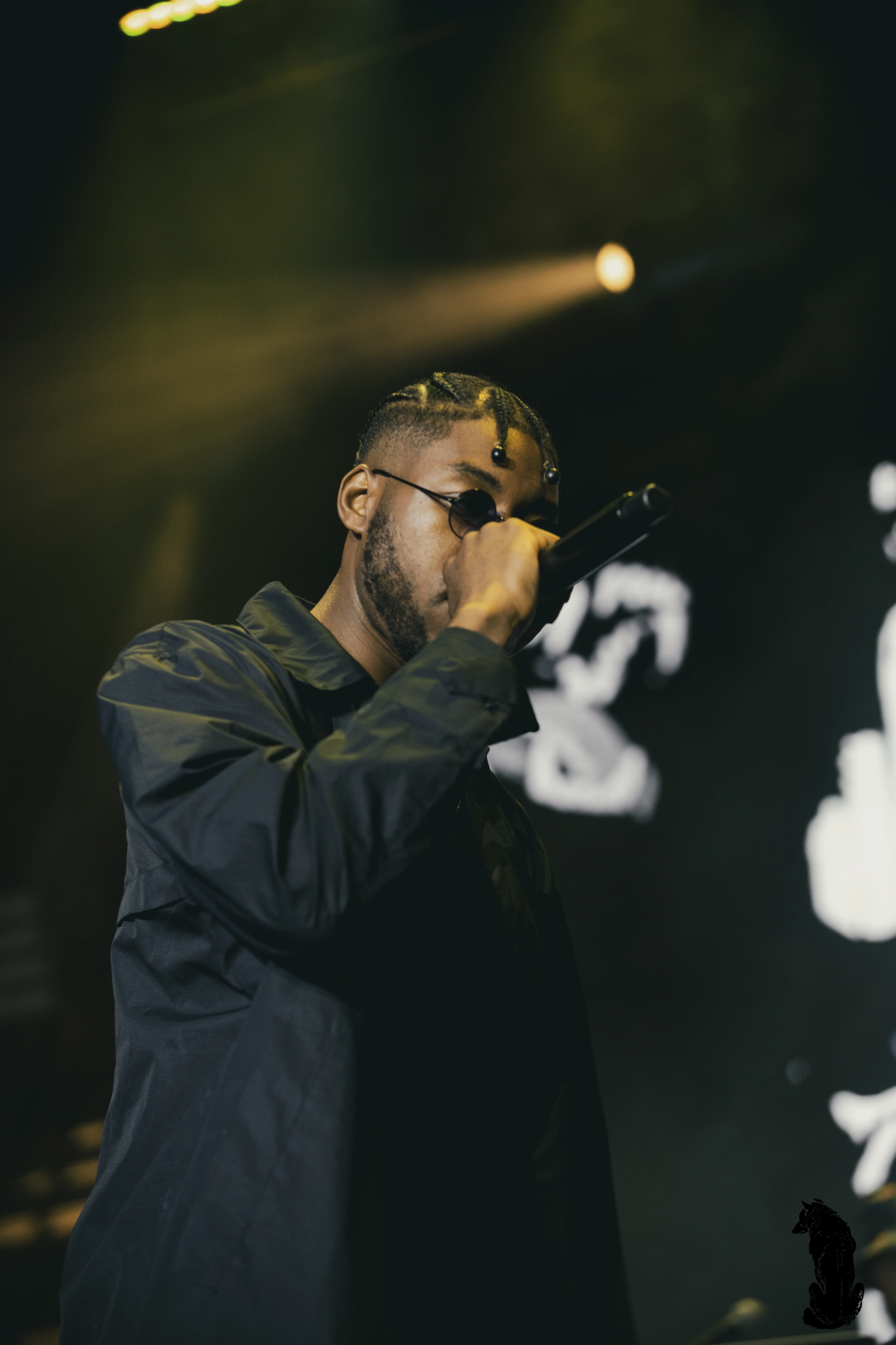 Alpha The Wolf in tight portrait framing, mic pressed close to his mouth, eyes low and focused behind small round sunglasses, wearing a dark jacket, lit from above by warm amber spotlights against a dark stage, a large painted mural visible in the background